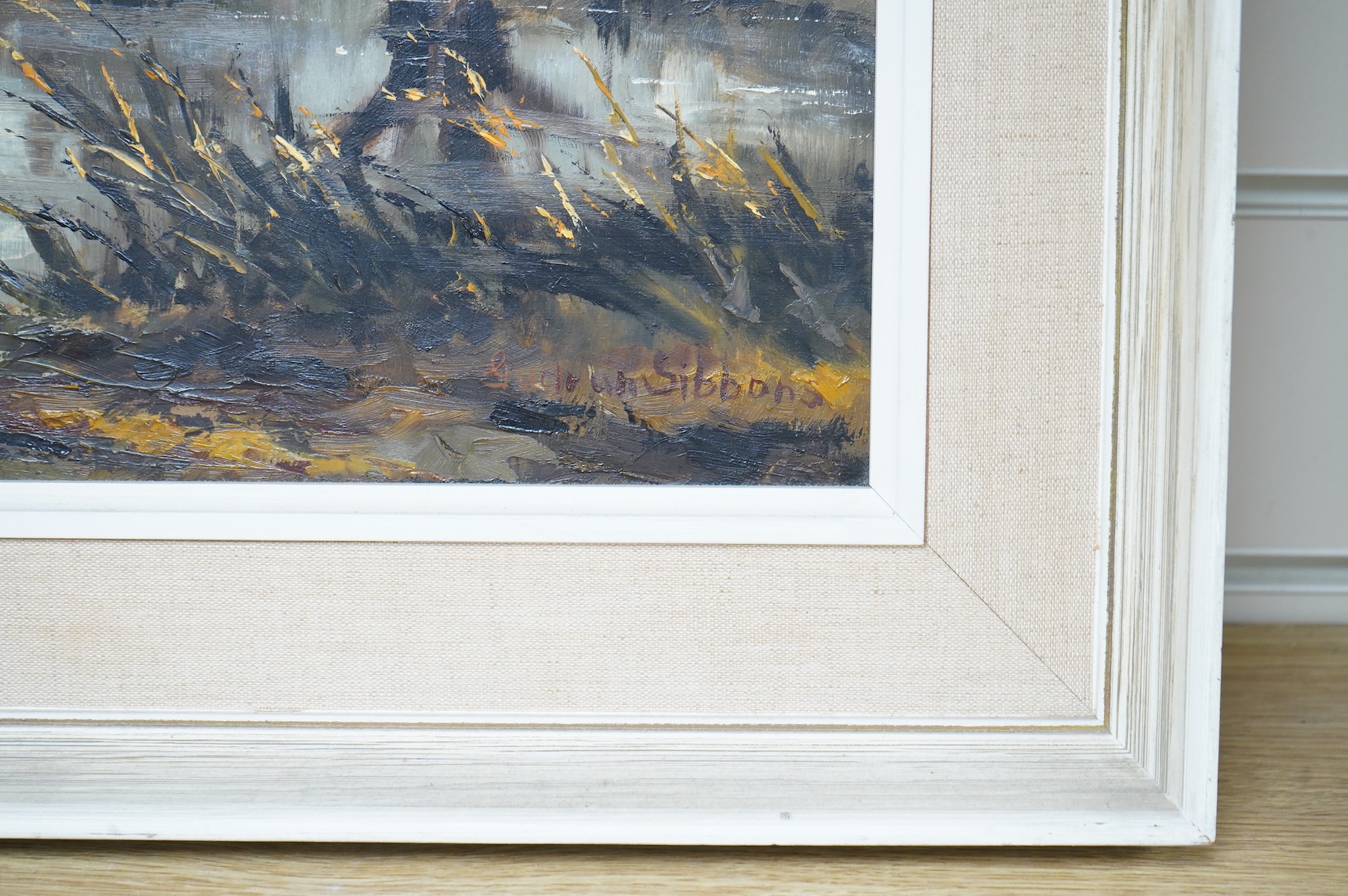 Gudrun Sibbons (1924-2020), Riverscape, signed, oil on board, 39 x 49cm